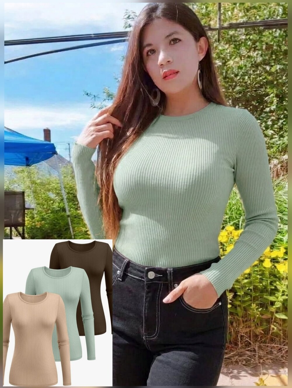 3pcs Ribbed Long-Sleeve Knit Tops Set - Fall Winter Casual Clothes